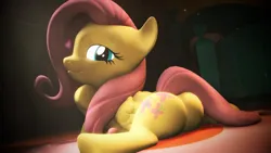 Size: 1280x720 | Tagged: suggestive, artist:extrachunkthis, derpibooru import, fluttershy, 3d, butt, female, g4, image, looking at you, plot, png, sitting, solo, solo focus, source filmmaker, stupid sexy fluttershy