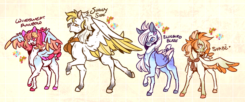 Size: 2048x852 | Tagged: safe, artist:kinda-lost, derpibooru import, oc, oc:bluebird blaze, oc:sorbet, oc:sunny side, oc:windswept rainbow, unofficial characters only, pegasus, pony, abstract background, female, image, magical lesbian spawn, male, mare, offspring, parent:fluttershy, parent:rainbow dash, parents:flutterdash, pegasus oc, png, siblings, stallion, wings