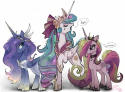 Size: 2048x1504 | Tagged: safe, artist:petaltwinkle, derpibooru import, princess cadance, princess celestia, princess luna, alicorn, pony, alicorn triarchy, alternate color palette, alternate hair color, alternate hairstyle, bags under eyes, big horn, blue coat, blue eyes, bow, choker, clothes, colored wings, colored wingtips, dialogue, dress, emo, emolestia, ethereal mane, eye clipping through hair, eyebrows, eyebrows visible through hair, eyes closed, eyeshadow, female, flower, folded wings, frown, g4, gradient horn, gradient legs, gradient mane, hair bow, headpiece, heart choker, height difference, hoof shoes, horn, image, jewelry, jpeg, long horn, long mane, long tail, looking at someone, looking back, makeup, mare, multicolored mane, multicolored tail, open mouth, pink coat, pink eyes, princess shoes, raised hoof, regalia, ringlets, role reversal, shadow, signature, simple background, sparkly mane, speech bubble, standing, starry mane, tail, talking, two toned wings, wall of tags, wavy mane, white background, white coat, wingding eyes, wings