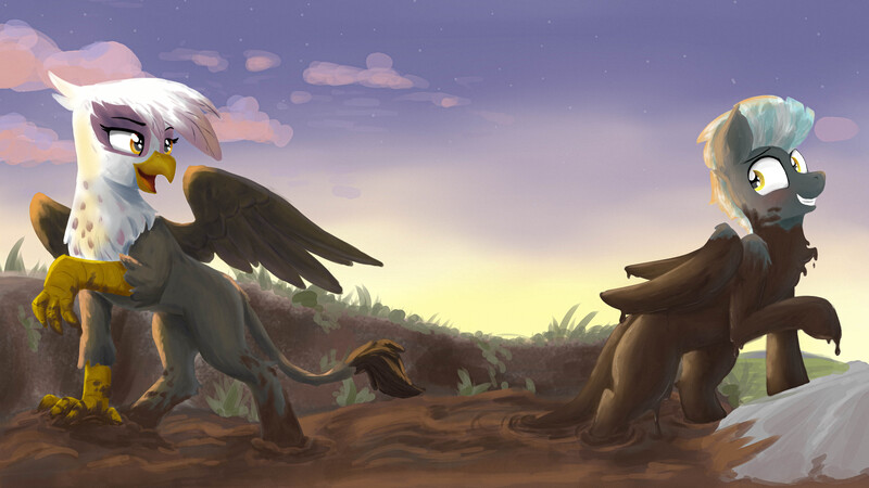 Size: 5907x3326 | Tagged: safe, artist:pzkratzer, derpibooru import, gilda, thunderlane, gryphon, accidentally mud bath, cloud, cloudy, concave belly, crash, dirty, duo, embarrassed, female, gildalane, image, jpeg, looking at each other, looking at someone, male, messy, mud, mud bath, muddy, muddy hooves, open mouth, ravine, shipping, slender, spread wings, stars, straight, sunset, swamp, thin, wings