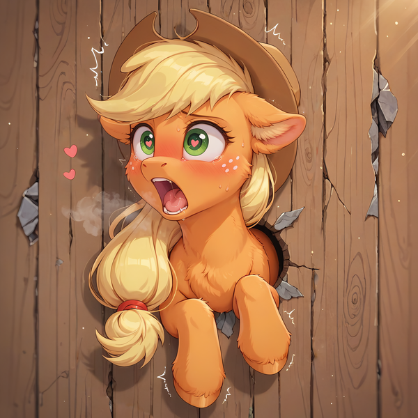 Size: 2048x2048 | Tagged: questionable, ai content, derpibooru import, machine learning generated, part of a set, prompter:venisoncreampie, stable diffusion, applejack, earth pony, pony, series:stuck!~<3, blushing, confused, drool, female, female focus, floppy ears, g4, generator:pony diffusion v6 xl, heart, heart eyes, hole in the wall, image, implied incest, implied sex, implied straight, motion lines, open mouth, png, solo, solo female, solo focus, struggling, stuck, surprised, surprised face, sweat, sweet apple acres, through wall, trembling, upper body, wingding eyes
