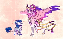 Size: 1280x792 | Tagged: safe, artist:kinda-lost, derpibooru import, princess cadance, shining armor, alicorn, classical unicorn, pony, unicorn, clothes, cloven hooves, curved horn, dress, eye clipping through hair, eyebrows, eyebrows visible through hair, female, floating heart, heart, height difference, horn, image, leonine tail, male, mare, meme, missing cutie mark, png, ship:shiningcadance, shipping, spread wings, stallion, straight, the bride and the ugly ass groom, unshorn fetlocks, wedding dress, wings