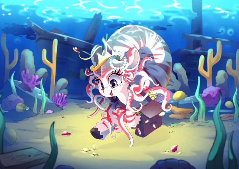 Size: 7016x4961 | Tagged: safe, artist:cutepencilcase, derpibooru import, oc, oc:nautila, unofficial characters only, fish, nautilus, nautilus pony, original species, pony, absurd resolution, bag, blue eyes, bubble, coin, commission, coral, crepuscular rays, crown, cute, digital art, eyelashes, female, gem, glow, gold, happy, high res, image, jewelry, mare, necklace, ocean, open mouth, open smile, pearl necklace, png, reef, regalia, rock, scales, seashell, seaweed, shipwreck, smiling, solo, sunlight, swimming, treasure, underwater, unshorn fetlocks, water, wingding eyes