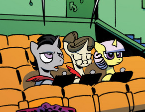 Size: 291x225 | Tagged: safe, derpibooru import, idw, unnamed character, unnamed pony, pony, unicorn, spoiler:comic, spoiler:comicannual2013, advertisement, comic, female, g4, horn, idw advertisement, image, male, mare, official comic, png, princess celestia's school for gifted unicorns, speech bubble, stallion, whistling