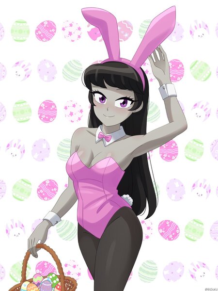 Size: 900x1200 | Tagged: safe, artist:riouku, derpibooru import, octavia melody, human, equestria girls, 2d, adorasexy, adult, armpits, basket, beautiful, beautiful eyes, beautiful hair, beautisexy, bestie, black hair, breasts, bunny ears, bunny suit, busty octavia, busty octavia melody, cleavage, clothes, cute, easter, easter background, easter basket, easter egg, eyelashes, eyeliner, female, fingernails, g4, girly, good girl, good girl tavi, grey skin, happy, holiday, human coloration, image, jpeg, leggings, long hair, looking at you, makeup, nails, pink ribbon, pink suit, playboy bunny, playboy bunny octavia, purple eyes, raised arm, raised hand, reasonably shaped breasts, reasonably sized breasts, sexy, smiling, smiling at you, solo, solo female, stupid sexy octavia, woman, young, young adult