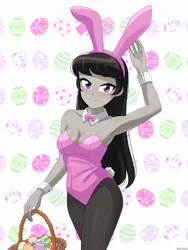 Size: 900x1200 | Tagged: safe, artist:riouku, derpibooru import, octavia melody, human, equestria girls, 2d, adorasexy, adult, armpits, basket, beautiful, beautiful eyes, beautiful hair, beautisexy, bestie, black hair, breasts, bunny ears, bunny suit, busty octavia, busty octavia melody, cleavage, clothes, cute, easter, easter background, easter basket, easter egg, eyelashes, eyeliner, female, fingernails, g4, girly, good girl, good girl tavi, grey skin, happy, holiday, human coloration, image, jpeg, leggings, long hair, looking at you, makeup, nails, pink ribbon, pink suit, playboy bunny, playboy bunny octavia, purple eyes, raised arm, raised hand, reasonably shaped breasts, reasonably sized breasts, sexy, smiling, smiling at you, solo, solo female, stupid sexy octavia, woman, young, young adult