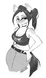 Size: 1762x2968 | Tagged: safe, artist:neoncel, derpibooru import, oc, oc:sindra, unofficial characters only, anthro, anthro oc, breasts, choker, cleavage, clothes, denim, female, image, jeans, makeup, metal band logo, midriff, pants, png, ponytail, solo, tanktop, y2k