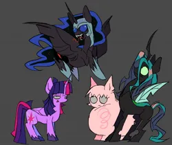 Size: 1310x1108 | Tagged: safe, artist:ponykip, derpibooru import, nightmare moon, queen chrysalis, twilight sparkle, twilight sparkle (alicorn), oc, oc:fluffle puff, alicorn, changeling, changeling queen, earth pony, pony, alternate hairstyle, bags under eyes, big eyes, black coat, blue eyes, blue sclera, canon x oc, carapace, colored hooves, colored sclera, double date, ethereal mane, fangs, female, flying, folded wings, frown, g4, gray background, green sclera, group, height difference, helmet, hoof shoes, horn, image, insect wings, jpeg, lesbian, long horn, long tongue, looking at someone, looking up, mare, multicolored mane, multicolored tail, narrowed eyes, pink coat, pink mane, ponytail, princess shoes, purple coat, purple sclera, quartet, sharp teeth, ship:chrysipuff, ship:twimoon, shipping, simple background, sparkly mane, spread wings, standing, straight mane, straight tail, tail, teal mane, teal tail, teeth, tied mane, tongue out, twilight sparkle is not amused, two toned mane, unamused, unicorn horn, unshorn fetlocks, wings