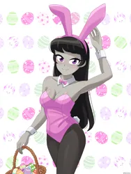 Size: 900x1200 | Tagged: safe, artist:riouku, derpibooru import, octavia melody, human, equestria girls, 2d, armpits, basket, blushing, bowtie, breasts, bunny ears, bunny suit, cleavage, clothes, cute, easter, easter basket, easter bunny, easter egg, female, fishnets, g4, holiday, image, leotard, looking at you, pink leotard, playboy bunny, playboy bunny octavia, png, smiling, smiling at you, solo, tavibetes