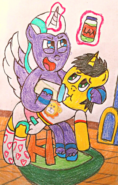 Size: 2256x3512 | Tagged: suggestive, artist:bitter sweetness, derpibooru import, oc, oc:bitter sweetness, unofficial characters only, alicorn, unicorn, g5, my little pony: a new generation, my little pony: make your mark, my little pony: tell your tale, abdl, adult foal, armchair, baby bottle, chair, clothes, diaper, diaper fetish, fetish, food, glow, glowing horn, horn, image, laxative, levitation, magic, non-baby in diaper, opaline arcana, open mouth, open smile, png, rug, smiling, socks, telekinesis, traditional art, unicorn oc, wooden floor