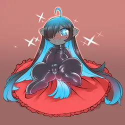 Size: 1200x1200 | Tagged: suggestive, artist:cold-blooded-twilight, derpibooru import, oc, oc:tundra, oc:tundra sparkle, earth pony, pony, art pack:shiny plastic, blue eyes, blue mane, image, latex, latex suit, pillow, png, solo