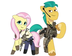 Size: 2948x2289 | Tagged: safe, artist:edy_january, artist:prixy05, derpibooru import, edit, vector edit, fluttershy, hitch trailblazer, earth pony, pegasus, pony, g5, my little pony: tell your tale, armor, assault rifle, body armor, boots, call of duty, call of duty: warzone, clothes, combat knife, denim, duo, equipment, female, g4, g4 to g5, gears, generation leap, gloves, gun, handgun, hitch and his 2nd heroine, hk416, image, jeans, knife, m1911, m27, male, mare, military, military pony, military uniform, pants, pistol, png, radio, ragning bull (revolver), revolver, rifle, shirt, shoes, simple background, soldier, soldier pony, special forces, stallion, tactical squad, tactical vest, tanktop, transparent background, uniform, united states, vector, vest, weapon, xm7