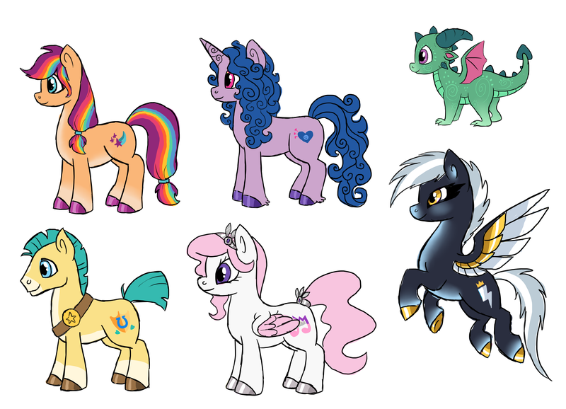 Size: 3580x2588 | Tagged: safe, artist:champion-of-namira, derpibooru import, hitch trailblazer, izzy moonbow, pipp petals, sparky sparkeroni, sunny starscout, zipp storm, pony, g5, alternate design, description is relevant, image, long description, mane five, png, redesign, simple background, white background