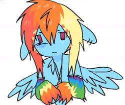 Size: 1188x1005 | Tagged: safe, artist:poniesinmyhead, derpibooru import, rainbow dash, pegasus, pony, alternate hairstyle, arm warmers, clothes, g4, image, jpeg, looking at you, scene kid, simple background, solo, white background