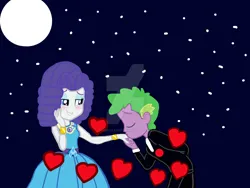 Size: 1920x1440 | Tagged: safe, artist:georgegarza01, artist:iamscar2017, derpibooru import, rarity, spike, human, equestria girls, alternate hairstyle, blushing, clothes, cute, daaaaaaaaaaaw, dress, duo, eyes closed, eyeshadow, female, g4, gown, grin, hand kiss, hand on cheek, heart, humanized, image, jpeg, lidded eyes, makeup, male, moon, shipping, smiling, sparity, starry night, straight, suit, wholesome