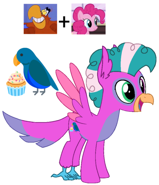 Size: 738x859 | Tagged: safe, artist:noi kincade, derpibooru import, pinkie pie, bird, parrot, aladdin, crossover, crossover shipping, cutie mark, disney, female, g4, iago, image, male, parrot pony, png, shipping, simple background, straight, transparent background