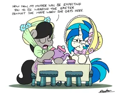 Size: 2192x1720 | Tagged: safe, artist:bobthedalek, derpibooru import, octavia melody, vinyl scratch, earth pony, pony, unicorn, bonnet, cup, easter, hat, holiday, horn, image, png, table, teacup, teapot, unamused, vinyl scratch is not amused