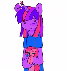 Size: 1025x1095 | Tagged: safe, artist:poniesinmyhead, derpibooru import, pinkie pie, twilight sparkle, anthro, pony, unicorn, holding, image, implied shipping, jpeg, pinkie pie plushie, plushie, unicorn twilight