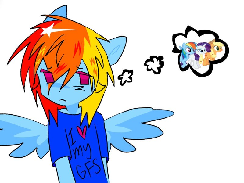 Size: 1390x1043 | Tagged: safe, artist:poniesinmyhead, derpibooru import, applejack, rainbow dash, rarity, anthro, pegasus, pony, clothes, image, jpeg, shirt, simple background, thinking, white background