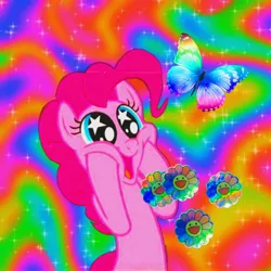 Size: 2000x2000 | Tagged: safe, artist:skythefang, derpibooru import, pinkie pie, butterfly, earth pony, insect, drugs, female, flower, g4, image, jpeg, lsd, solo, starry eyes, wingding eyes