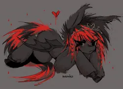 Size: 1412x1022 | Tagged: safe, artist:blvdswirls, derpibooru import, oc, oc:cole (poniesinmyhead), unofficial characters only, bat pony, bat pony oc, bat wings, emo, gray background, heart, image, jewelry, jpeg, lying down, prone, simple background, solo, tiara, wings
