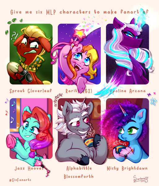 Size: 2705x3156 | Tagged: safe, artist:soniana_draws, derpibooru import, rarity (g3), sprout cloverleaf, earth pony, pegasus, unicorn, six fanarts, g3, g5, my little pony: a new generation, my little pony: make your mark, the runaway rainbow, alphabittle blossomforth, food, horn, image, jazz hooves, misty brightdawn, opaline arcana, png, rebirth misty, tea, wand