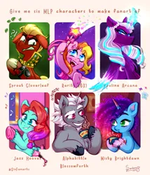 Size: 2705x3156 | Tagged: safe, artist:soniana_draws, derpibooru import, alphabittle (g5), rarity (g3), sprout cloverleaf, earth pony, pegasus, unicorn, six fanarts, g3, g5, my little pony: a new generation, my little pony: make your mark, the runaway rainbow, food, horn, image, jazz hooves, misty brightdawn, opaline arcana, png, rebirth misty, tea, wand