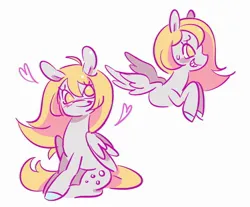 Size: 1600x1324 | Tagged: safe, artist:luckdevil, artist:shrimpnurse, derpibooru import, derpy hooves, pegasus, pony, ahoge, blush scribble, blushing, colored hooves, derp, duality, emanata, eyelashes, female, floating heart, folded wings, g4, gray coat, grin, heart, image, jpeg, long mane, long tail, mare, nervous, nervous grin, profile, raised hoof, raised hooves, sitting, smiling, solo, spread wings, sweat, sweatdrop, tail, wings, yellow eyes, yellow mane, yellow tail