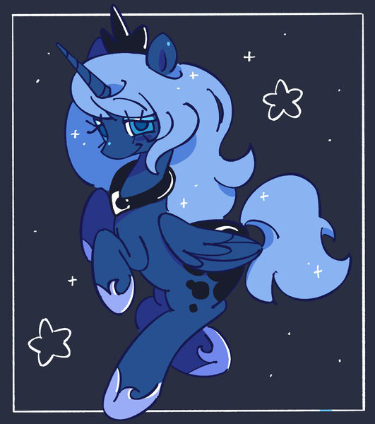 Size: 1300x1470 | Tagged: safe, artist:luckdevil, artist:shrimpnurse, derpibooru import, princess luna, alicorn, pony, black background, blue coat, blue eyes, blue mane, blue tail, blush sticker, blushing, border, crown, cute, ethereal mane, eyebrows, eyebrows visible through hair, eyelashes, female, floating eyebrows, folded wings, g4, hoof shoes, horn, image, jewelry, jpeg, lidded eyes, long horn, long mane, long tail, lunabetes, mare, peytral, princess shoes, rearing, regalia, s1 luna, simple background, smiling, solo, sparkles, starry mane, starry tail, stars, tail, tiara, unicorn horn, wingding eyes, wings