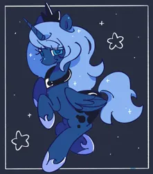 Size: 1300x1470 | Tagged: safe, artist:luckdevil, artist:shrimpnurse, derpibooru import, princess luna, alicorn, pony, black background, blue coat, blue eyes, blue mane, blue tail, blush sticker, blushing, border, crown, cute, ethereal mane, eyebrows, eyebrows visible through hair, eyelashes, female, floating eyebrows, folded wings, g4, hoof shoes, horn, image, jewelry, jpeg, lidded eyes, long horn, long mane, long tail, lunabetes, mare, peytral, princess shoes, rearing, regalia, s1 luna, simple background, smiling, solo, sparkles, starry mane, starry tail, stars, tail, tiara, unicorn horn, wingding eyes, wings
