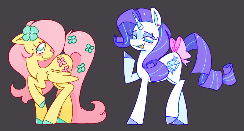 Size: 1738x935 | Tagged: safe, artist:shrimpnurse, derpibooru import, fluttershy, rarity, pegasus, pony, unicorn, alternate color palette, alternate design, alternate hair color, alternate tailstyle, beauty mark, blush scribble, blushing, bow, coat markings, colored hooves, colored pinnae, countershading, curly mane, curly tail, duo, duo female, ear piercing, earring, eyelashes, eyeshadow, facial markings, female, floppy ears, flower, flower in tail, flower on ear, g4, gray background, horn, image, jewelry, jpeg, lidded eyes, long eyelashes, long legs, looking back, makeup, mare, open mouth, open smile, partially open wings, piercing, pink mane, pink tail, profile, purple mane, purple tail, raised hoof, redesign, ringlets, shiny hoof, simple background, smiling, standing, star (coat marking), straight mane, straight tail, striped horn, tail, tail bow, teal eyes, two toned mane, two toned tail, unicorn horn, white coat, wingding eyes, wings, yellow coat