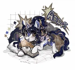 Size: 1280x1208 | Tagged: safe, artist:nev1ca, artist:nevica, derpibooru import, oc, unofficial characters only, unicorn, adoptable, bed, book, coat markings, colored, constellation, horn, horn markings, image, jpeg, lying down, obtrusive watermark, on bed, pillow, prone, reverse countershading, signature, solo, stars, unicorn oc, watermark