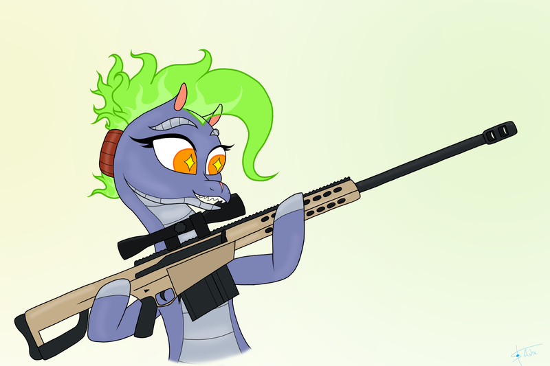 Size: 3000x2000 | Tagged: safe, artist:anix_space, derpibooru import, dragon, hybrid, longma, them's fightin' herds, baihe (tfh), community related, gun, image, png, rifle, sniper rifle, solo, weapon