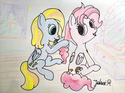 Size: 4032x3016 | Tagged: safe, artist:jakusi, ponerpics import, bifröst, goldy wings, pegasus, pony, background pony, brush, curtains, drawer, female, friendship student, hair styling, hairband, hairbrush, image, jpeg, looking back, mare, mirror, mouth hold, signature, sitting, tail wrap, window