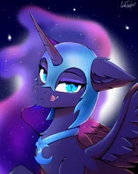 Size: 1078x1362 | Tagged: safe, artist:cmdrtempest, derpibooru import, nightmare moon, princess luna, alicorn, pony, armor, blue eyes, blue mane, bust, cute, digital art, ethereal mane, eyelashes, eyeshadow, fangs, feather, female, flowing mane, g4, helmet, image, kitchen eyes, lidded eyes, looking at you, makeup, mare, moon, moonlight, nicemare moon, night, peytral, png, portrait, signature, smiling, smiling at you, solo, spread wings, starry mane, stars, teeth, tongue out, wings