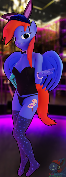 Size: 717x1918 | Tagged: safe, artist:kamimation, derpibooru import, oc, oc:kam pastel, unofficial characters only, anthro, pegasus, 3d, amputee, background, blender, bowtie, breasts, bunny ears, bunny suit, cleavage, clothes, collar, easter, folded wings, hand on hip, heart, heart eyes, holiday, image, looking at you, outline, panties, playboy bunny, png, small breasts, smiling, smirk, socks, solo, stockings, thigh highs, underwear, watermark, wingding eyes, wings