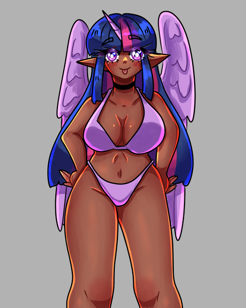 Size: 2400x3000 | Tagged: suggestive, artist:mylittleyuri, derpibooru import, twilight sparkle, human, bikini, blackwashing, clothes, curvy, dark skin, digital art, horn, horned humanization, humanized, image, png, solo, swimsuit, winged humanization, wings