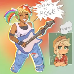 Size: 2048x2048 | Tagged: safe, artist:sweetapplearts, derpibooru import, applejack, rainbow dash, human, equestria girls, appledash, bandaid, bandaid on nose, clothes, cowboy hat, crossed arms, cutie mark, cutie mark on clothes, dialogue, duo, duo female, ear piercing, earring, eyes closed, female, fingerless gloves, g4, gloves, gradient background, guitar, hat, high res, image, jewelry, lesbian, musical instrument, open mouth, open smile, piercing, png, ponytail, shipping, smiling, speech bubble, stetson, tan skin, thought bubble, vulgar