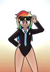 Size: 1072x1541 | Tagged: safe, artist:nxzc88, derpibooru import, rainbow dash, human, :3, business suit, clothes, cutie mark, cutie mark on clothes, female, gradient background, hand on hip, humanized, image, leotard, looking at you, necktie, png, rainbow dash always dresses in style, solo, sunglasses, sunglasses on head, twinkle