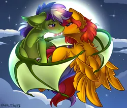 Size: 2451x2080 | Tagged: safe, alternate version, artist:yuris, derpibooru import, oc, oc:grey seeking dusk, bat pony, pegasus, pony, alternate character, blushing, ears up, female, floppy ears, flying, full moon, image, imminent kissing, male, moon, night, png, shipping, sky, straight