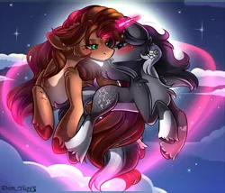 Size: 2451x2100 | Tagged: safe, alternate version, artist:yuris, derpibooru import, oc, oc:fleeting lights, oc:lochlann, earth pony, pony, unicorn, alternate character, blushing, ears up, female, floppy ears, flying, full moon, horn, image, imminent kissing, magic, magic aura, male, moon, night, png, shipping, sky, straight