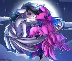Size: 2451x2080 | Tagged: safe, alternate version, artist:yuris, derpibooru import, twilight sparkle, twilight sparkle (alicorn), oc, alicorn, pony, alternate character, blushing, ears up, female, floppy ears, flying, full moon, image, imminent kissing, male, moon, night, png, shipping, sky, straight