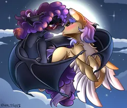 Size: 2451x2080 | Tagged: safe, alternate version, artist:yuris, derpibooru import, oc, bat pony, pegasus, pony, alternate character, blushing, ears up, female, floppy ears, flying, full moon, glasses, image, imminent kissing, male, moon, night, png, shipping, sky, straight