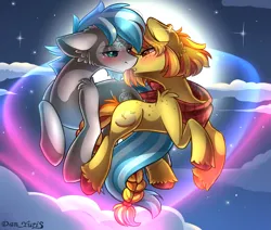 Size: 2451x2080 | Tagged: safe, alternate version, artist:yuris, derpibooru import, oc, earth pony, pony, alternate character, blushing, ears up, female, floppy ears, flying, full moon, image, imminent kissing, male, moon, night, png, shipping, sky, straight