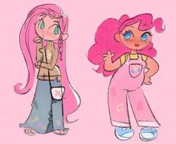 Size: 1240x1011 | Tagged: safe, artist:shugrcube, derpibooru import, fluttershy, pinkie pie, human, blushing, clothes, duo, duo female, female, humanized, image, jpeg, open mouth, open smile, overalls, pink background, purse, simple background, skirt, smiling, sweater, sweatershy, waving