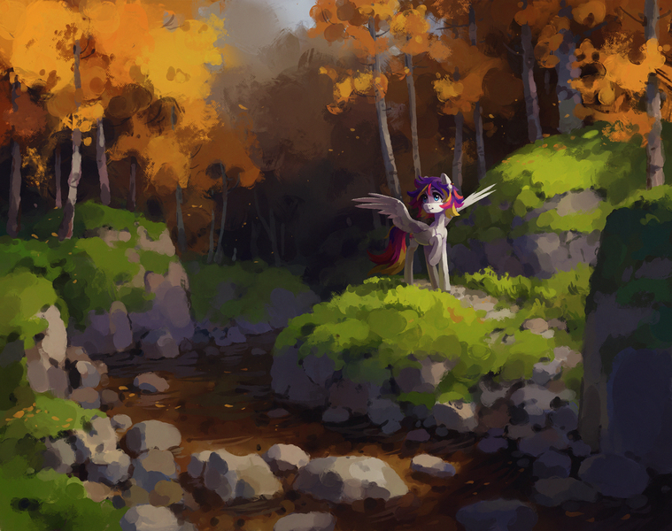 Size: 2277x1800 | Tagged: safe, artist:koviry, derpibooru import, oc, oc:sunset swirl, unofficial characters only, pegasus, pony, autumn, blue eyes, creek, detailed background, digital painting, ear piercing, earring, falling leaves, female, forest, forest background, grass, image, jewelry, jpeg, leaves, looking up, mare, multicolored mane, multicolored tail, nature, pegasus oc, piercing, raised hoof, scenery, scenery porn, short mane, smiling, solo, spread wings, standing, tail, tree, white coat, wings