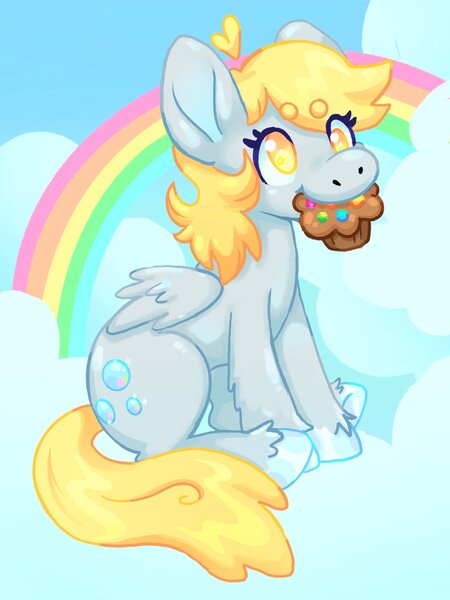 Size: 1536x2048 | Tagged: safe, artist:ibbledribble, derpibooru import, derpy hooves, pegasus, pony, ahoge, beanbrows, big ears, cloud, colored eyebrows, colored hooves, colored pinnae, derp, eyebrows, eyebrows visible through hair, female, folded wings, food, gray coat, image, jpeg, leg fluff, mare, mouth hold, muffin, on a cloud, rainbow, shiny hoof, simple, sitting, sitting on cloud, sky background, smiling, tail, unshorn fetlocks, wingding eyes, wings, yellow eyes, yellow mane, yellow tail