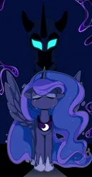 Size: 2134x4096 | Tagged: safe, artist:sakukitty, derpibooru import, nightmare moon, princess luna, alicorn, pony, crying, eyes closed, female, floppy ears, frown, g4, high res, horn, image, jpeg, mare, sad, signature, solo, spread wings, teary eyes, wings