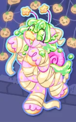 Size: 766x1227 | Tagged: safe, artist:ibbledribble, derpibooru import, oc, oc:slime berry, unofficial characters only, original species, pony, snail, snail pony, antennae, beanbrows, blush sticker, blushing, clothes, colored ear fluff, colored eartips, colored hooves, colored mouth, colored muzzle, costume, eye clipping through hair, eyebrows, eyebrows visible through hair, female, green eyes, green mane, green tail, halloween, halloween costume, holiday, image, jpeg, lights, mare, mummy costume, open mouth, open smile, outline, pink coat, smiling, solo, spots, standing on two hooves, starry eyes, string lights, tail, unshorn fetlocks, wingding eyes