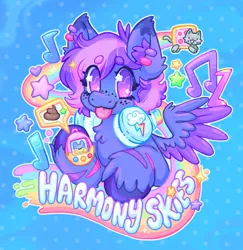Size: 1990x2048 | Tagged: safe, artist:ibbledribble, derpibooru import, oc, oc:harmony skies, unofficial characters only, pegasus, badge, blue coat, coat markings, colored ear fluff, colored eartips, colored eyebrows, colored hooves, colored wings, colored wingtips, commission, ear piercing, earring, eye clipping through hair, eyebrows, eyebrows visible through hair, eyelashes, freckles, headphones, hoof hold, image, jewelry, jpeg, music notes, nyan cat, patterned background, pegasus oc, piercing, purple eyes, rainbow, raised hoof, smiling, solo, sparkly eyes, speec bubble, spread wings, stars, stripes, tamagotchi, tongue out, two toned mane, two toned wings, unshorn fetlocks, wingding eyes, wings